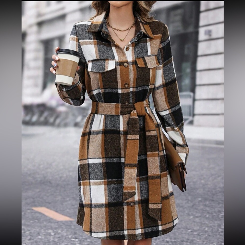 Classic Elegant Plaid Check Print Shirt Belted Dress - Picture 5 of 6